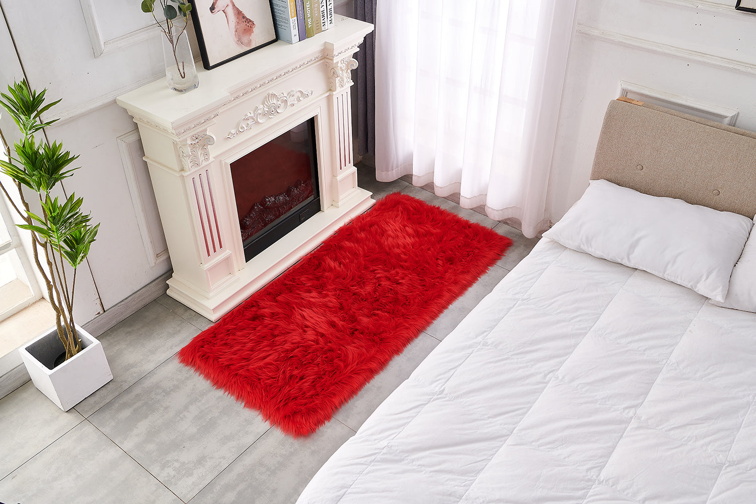Furnings Cozy Ultra Soft Fluffy Faux Fur Red Area Rug - 7'L x 5'W