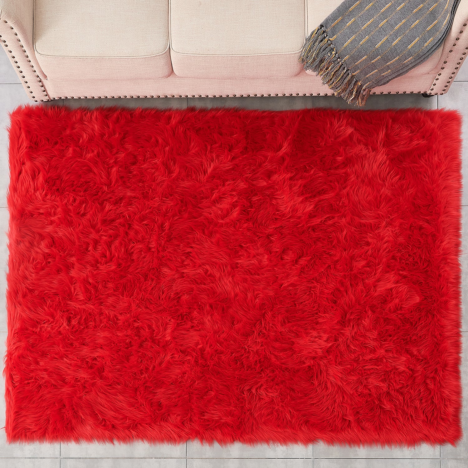 Furnings Cozy Ultra Soft Fluffy Faux Fur Red Area Rug - 7'L x 5'W