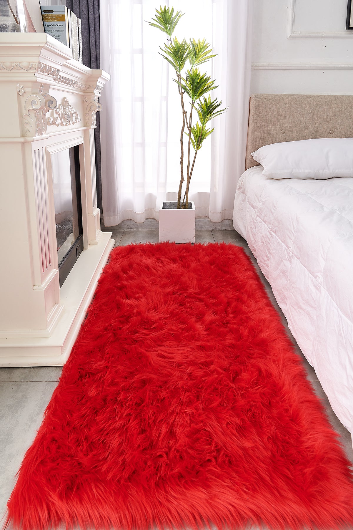 Furnings Cozy Ultra Soft Fluffy Faux Fur Red Area Rug - 7'L x 5'W