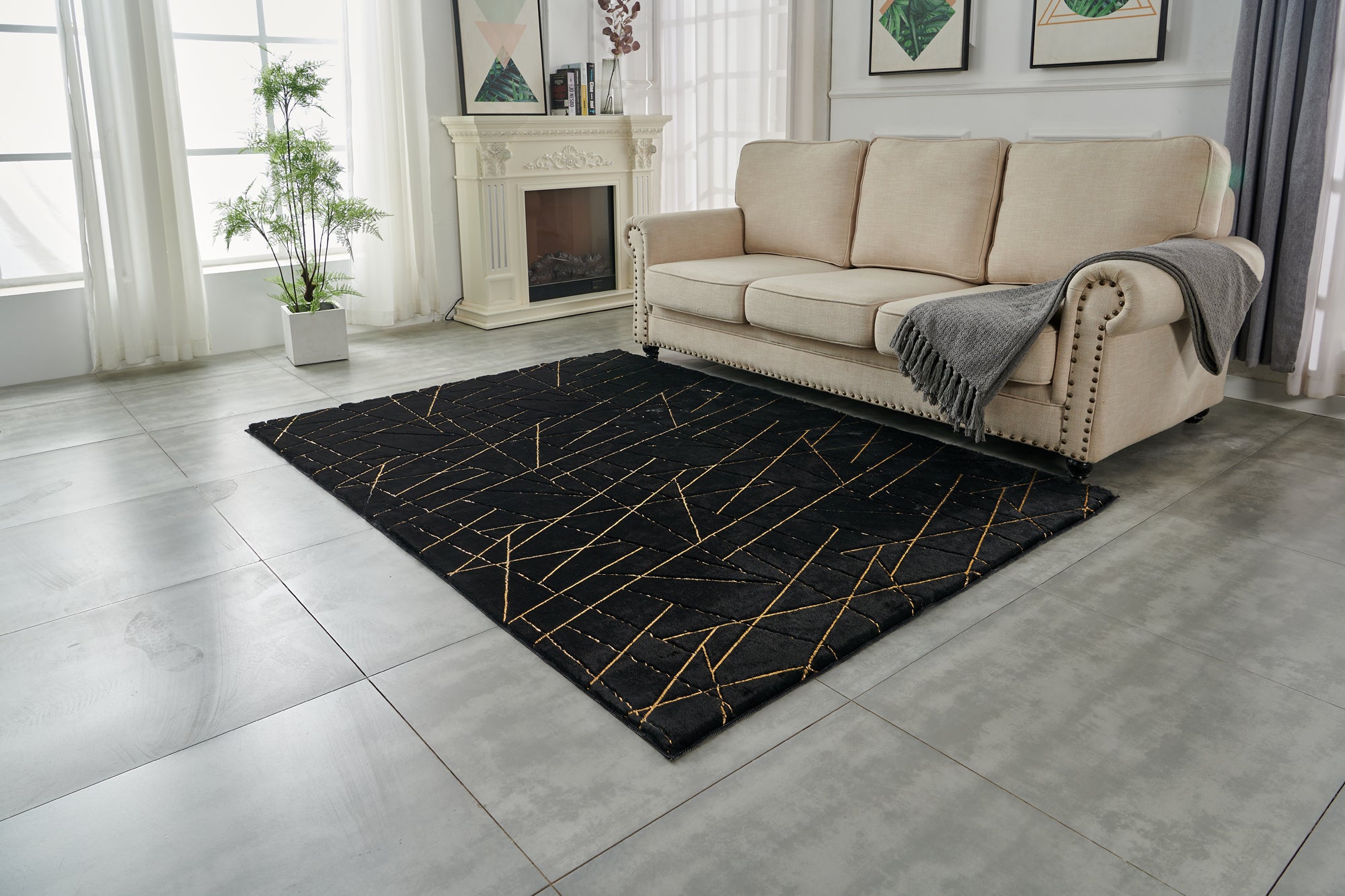Furnings Lily Luxury Black Geometric Washable Abstract Gold-Gilded Chinchilla Faux Fur Area Rug - 5'L x 3'W