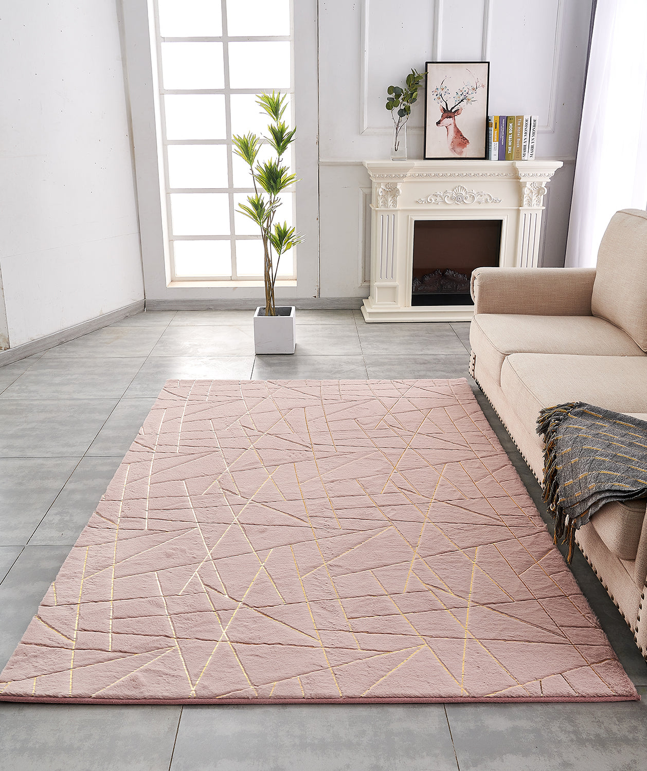 Furnings Lily Luxury Dust Pink Geometric Washable Abstract Gold-Gilded Chinchilla Faux Fur Area Rug - 11'L x 8'W