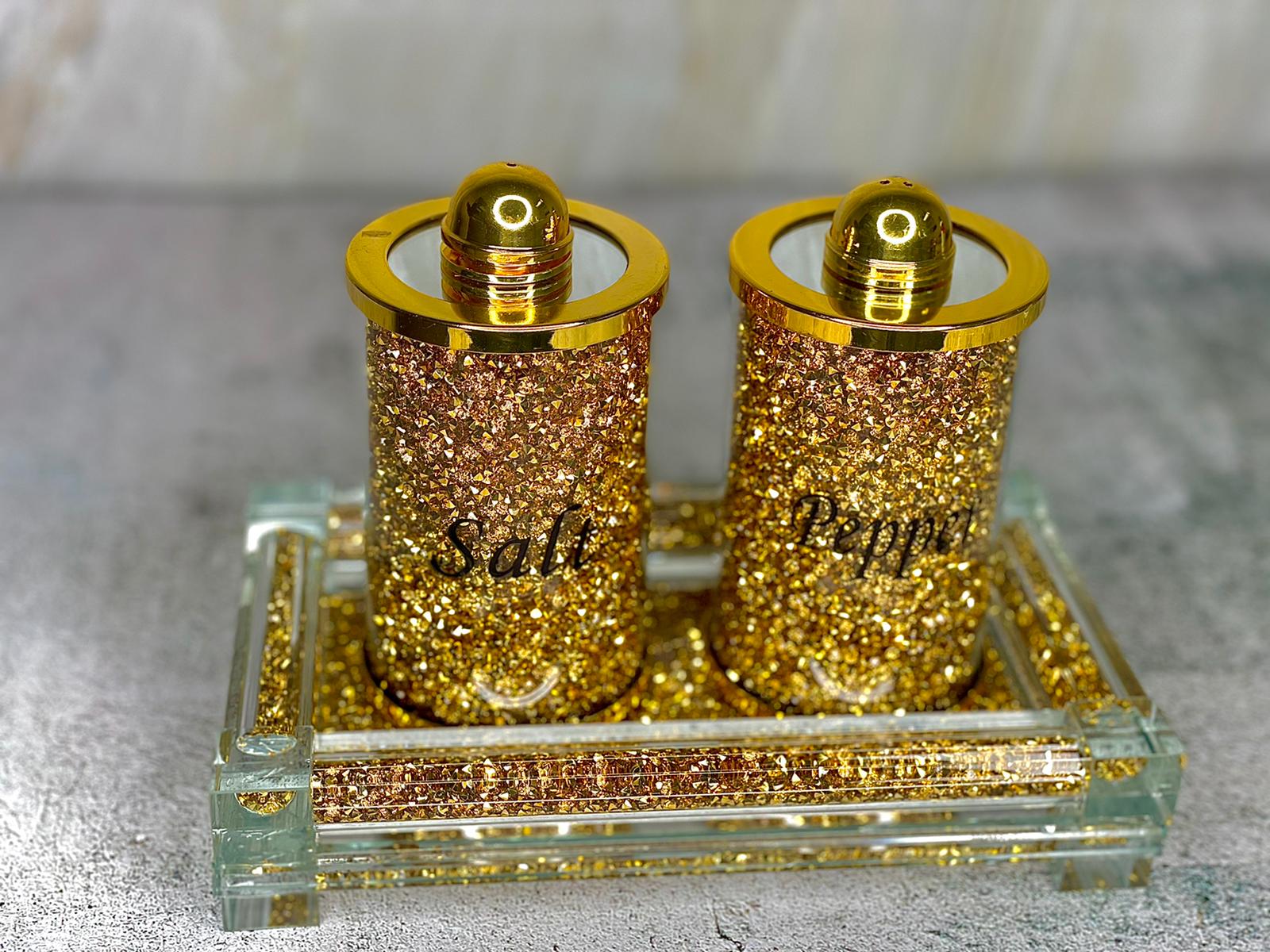 Furnings Salt & Pepper on a Tray, Gold Crushed Diamond Glass