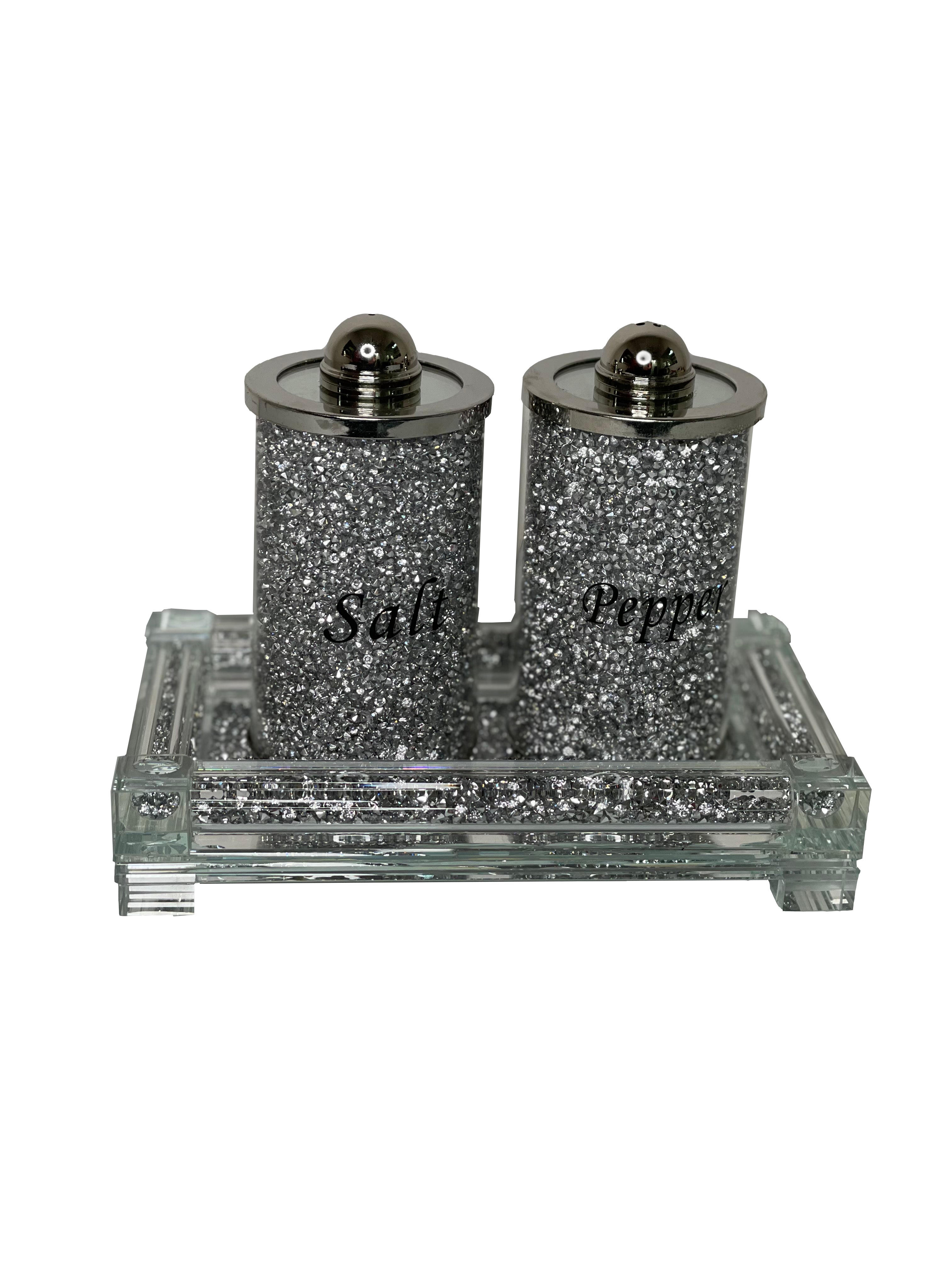 Furnings Salt & Pepper on a Tray, Silver Crushed Diamond Glass