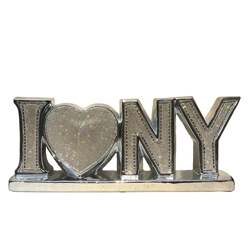 Furnings - Ambrose "I Love New York" Ceramic Chrome Plated Table Top in Diamond Incrustation (20-in x 4-in x 8-in)