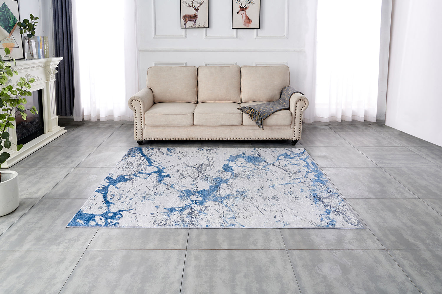 Furnings Zara Abstract Design Machine Washable Silver Blue Area Rug - 9'L x 6'W x 1"H