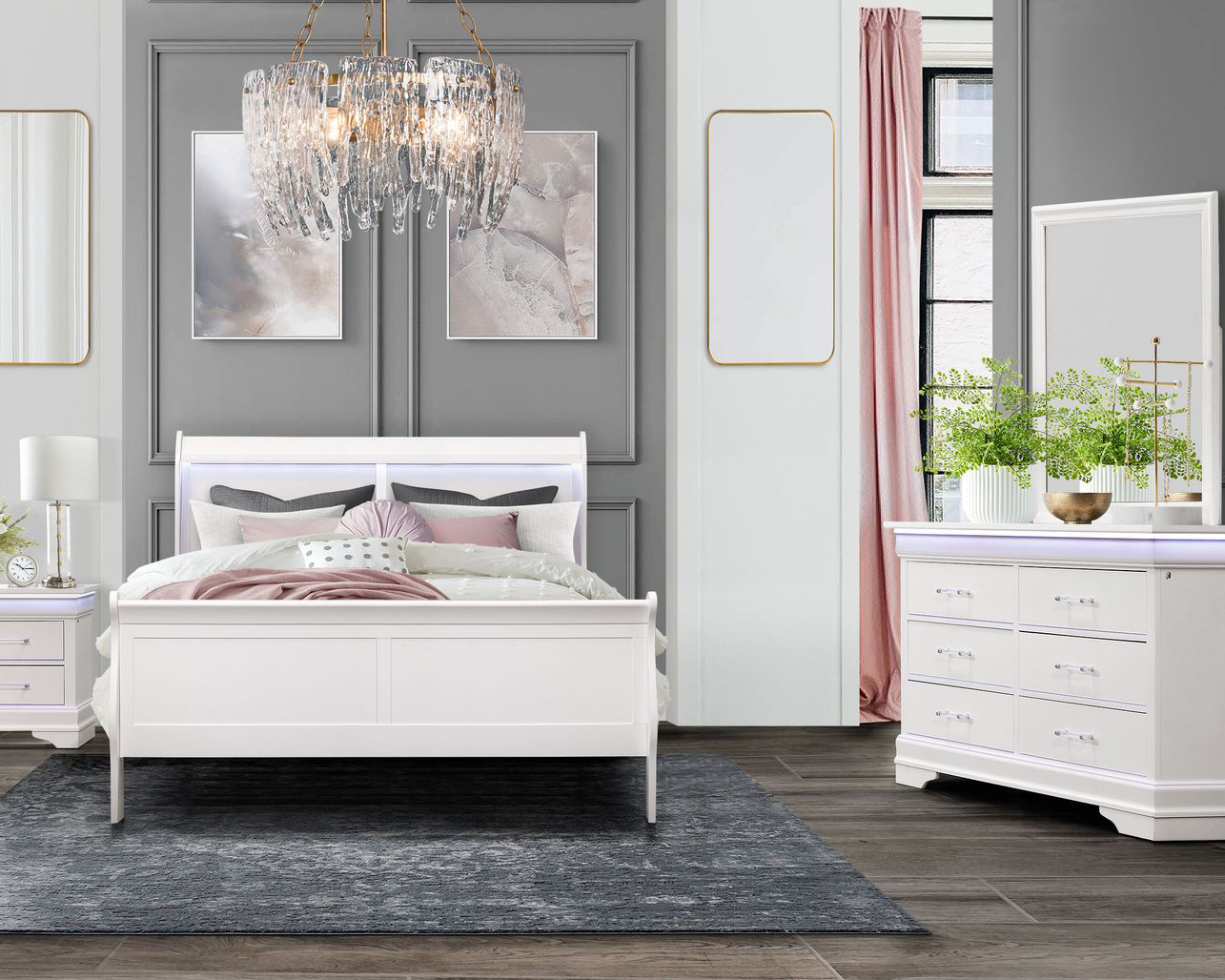 GF Charlie White King Bed Group With Led
