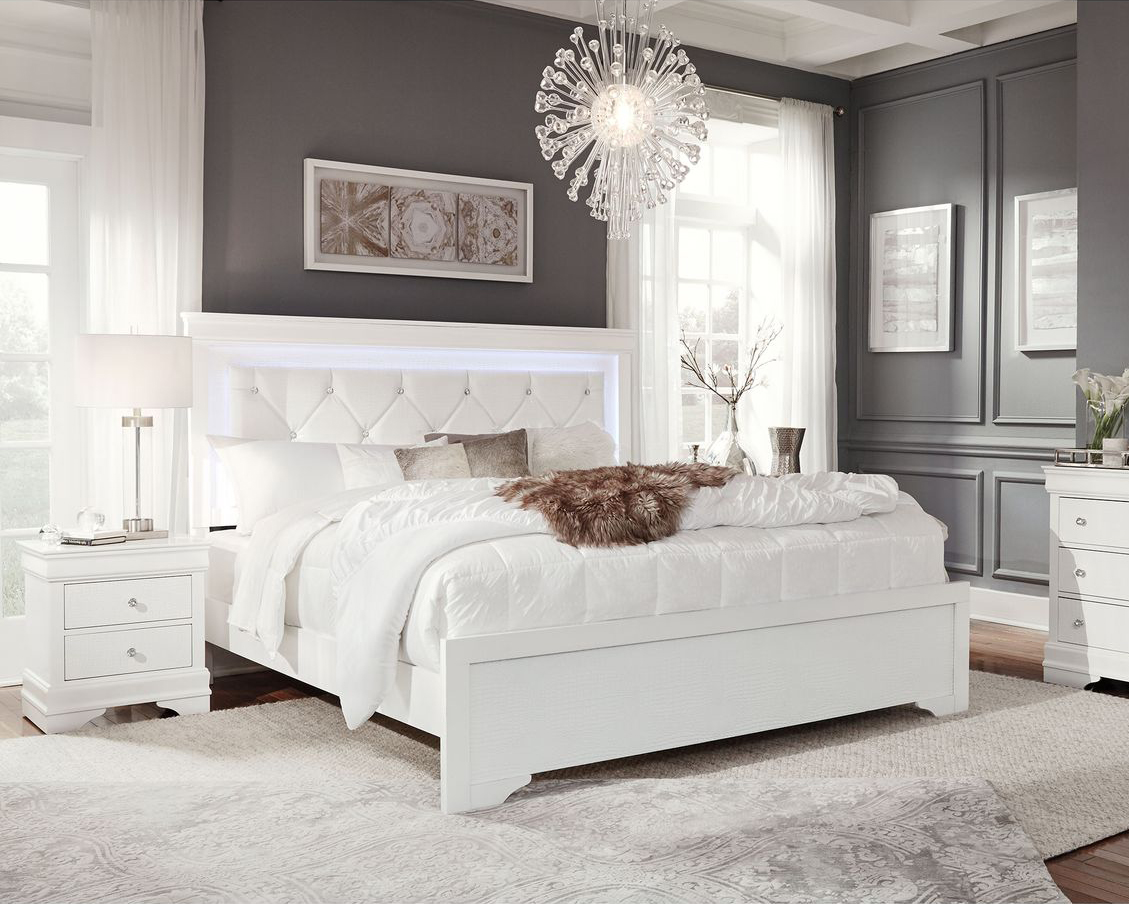 GF Pompei White King Bed Group With Led