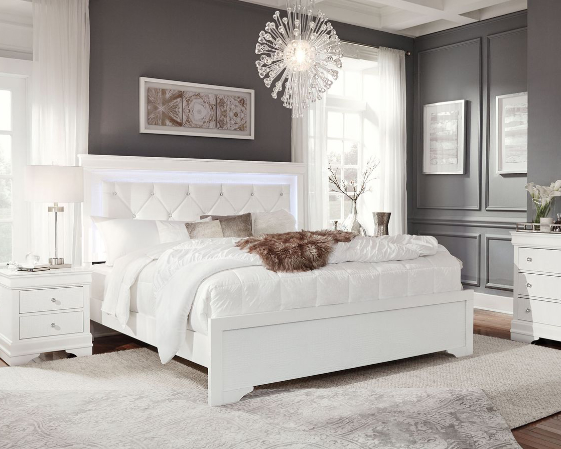 GF Pompei White Queen Bed Group With Led