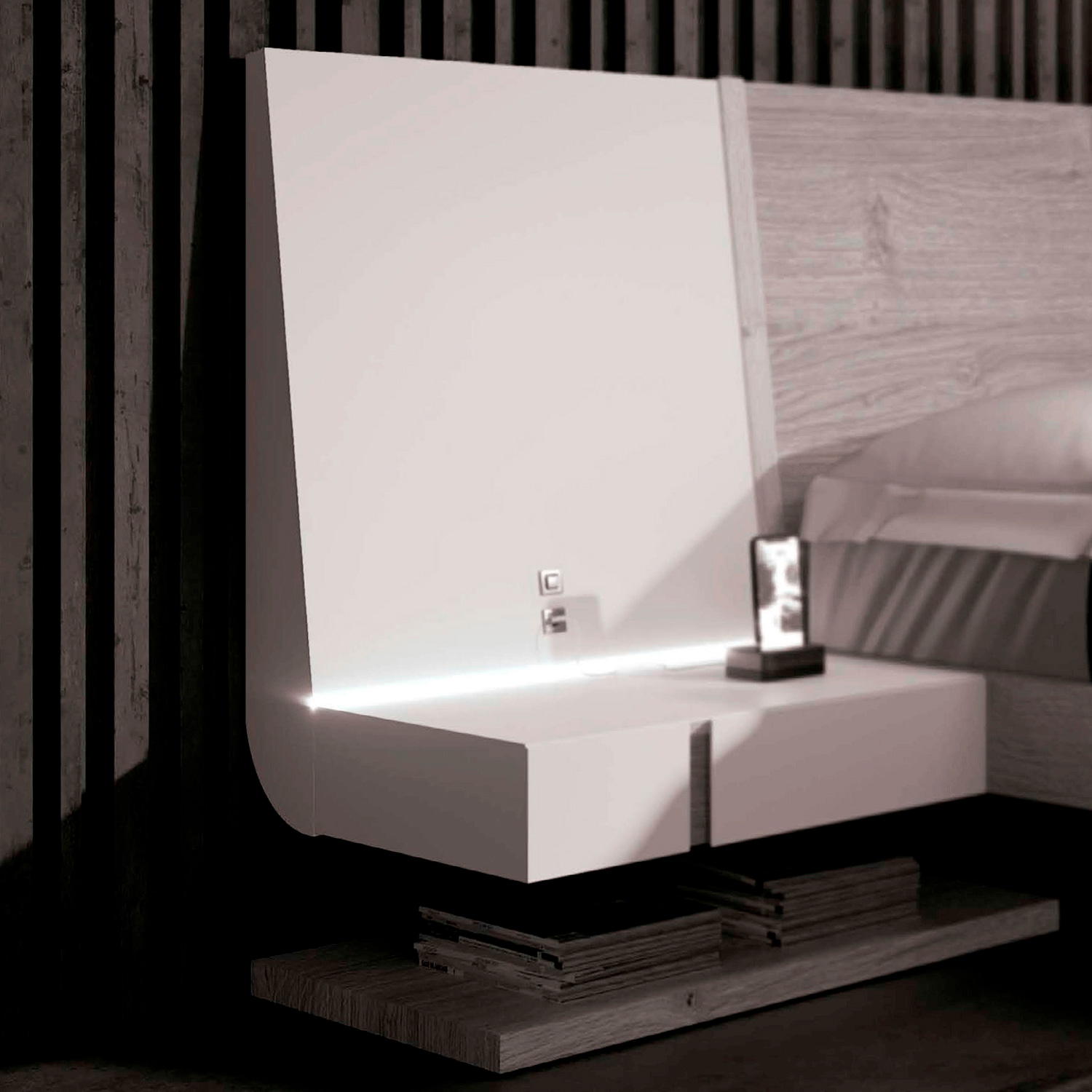 Garcia Sabate Air King Size Bed with Hanged Bedside Tables and Light - Piedra Matt/Roble Montana, Roble Montana Central Panel