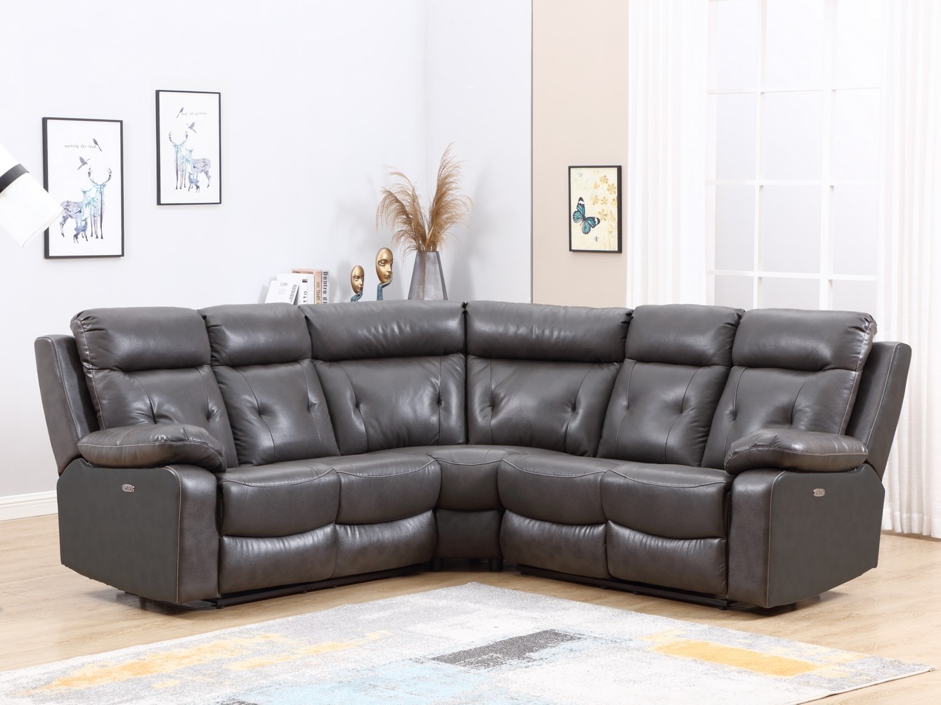 GUF 9443 Sectional with Power Recliners - Dark Gray, Leather Air