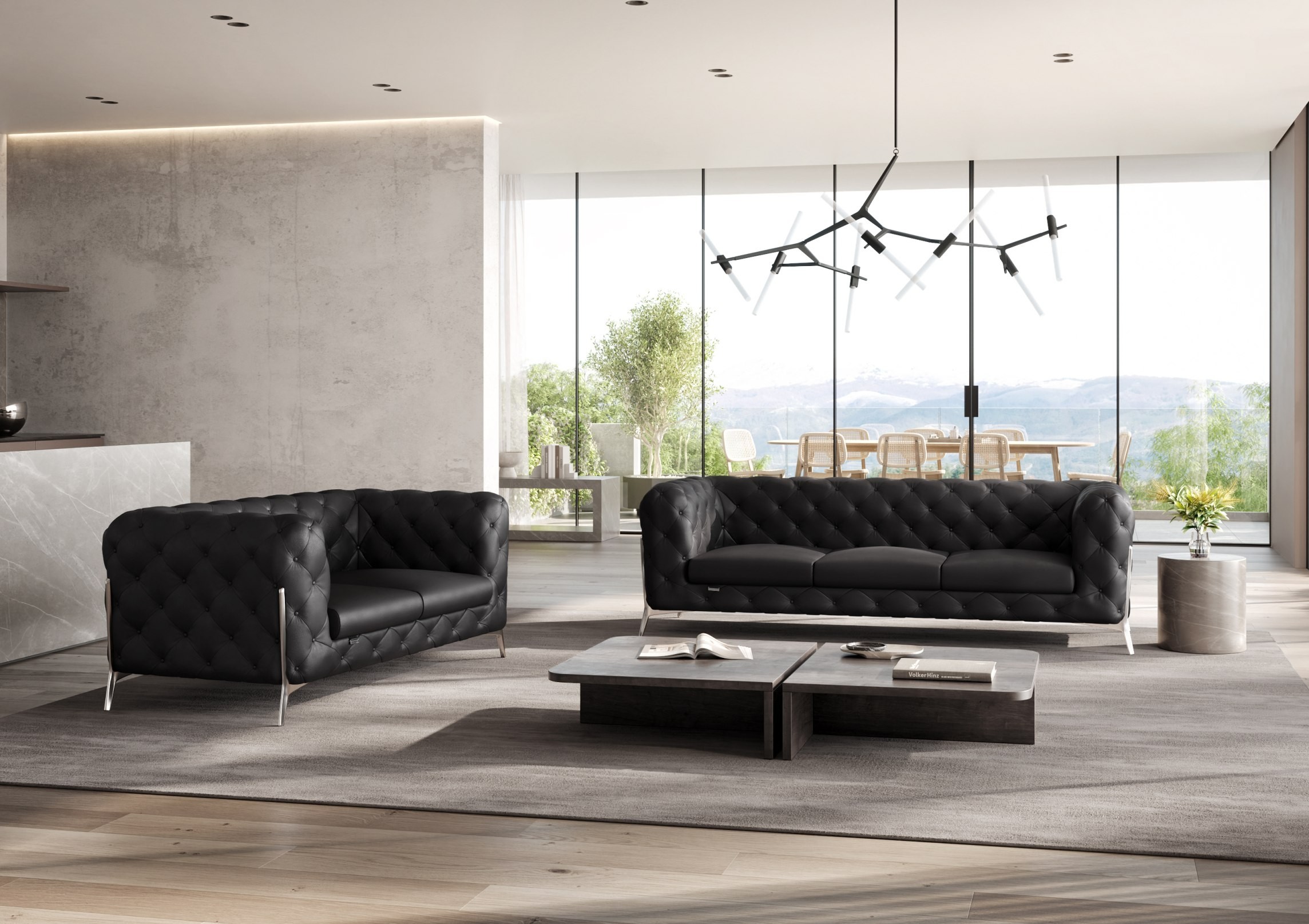 GUF 970 Sofa with Loveseat - Black, Genuine Italian Leather