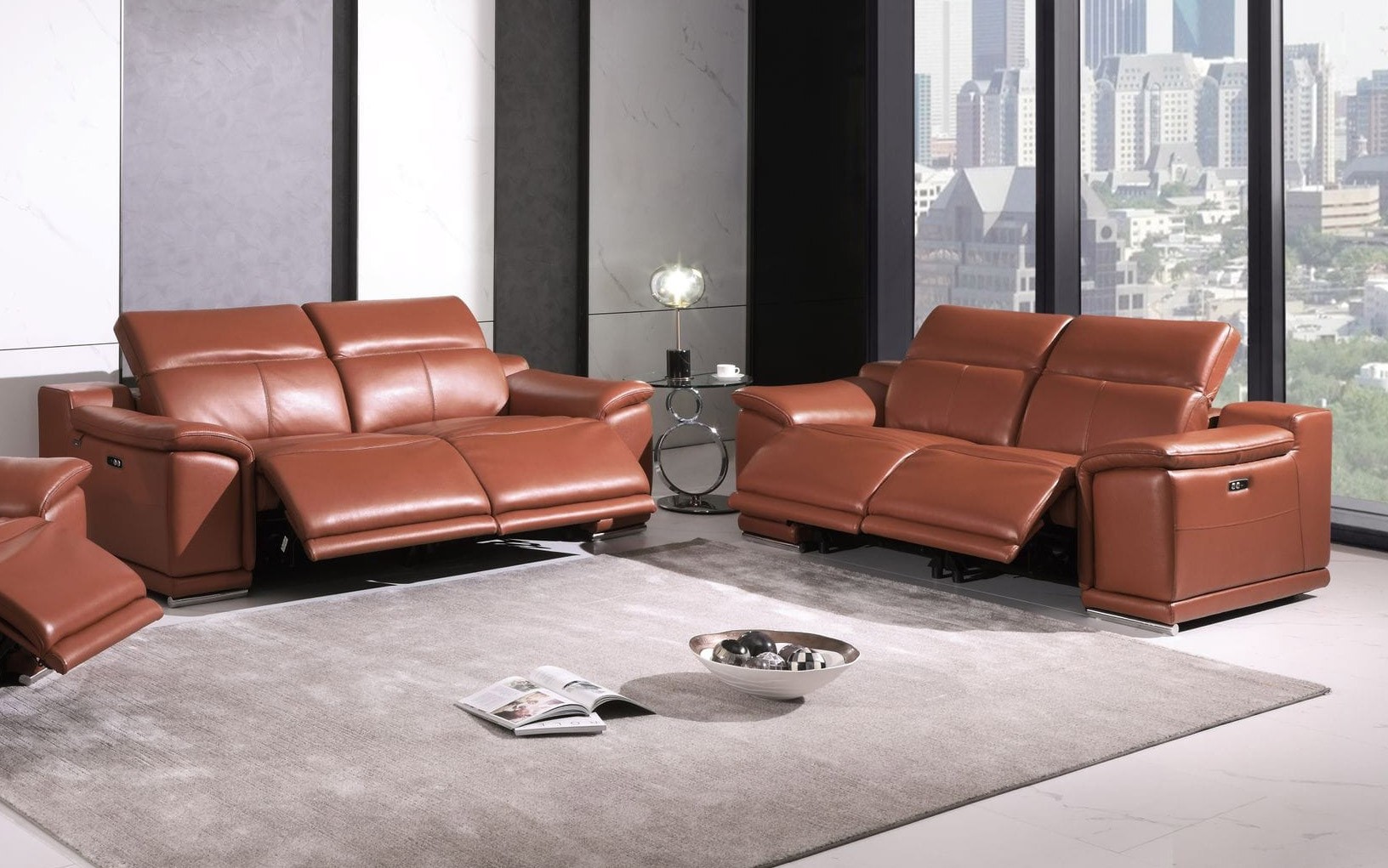 GUF 9762 Power Reclining Sofa with Loveseat - Camel, Genuine Italian Leather