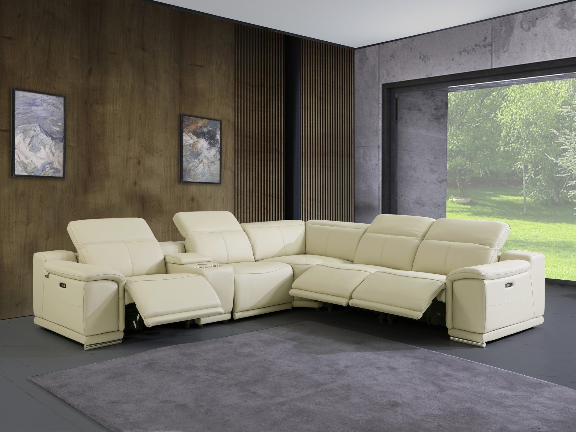 GUF 9762 3 Power Reclining 6pc Sectional with 1 Console - Beige, Genuine Italian Leather