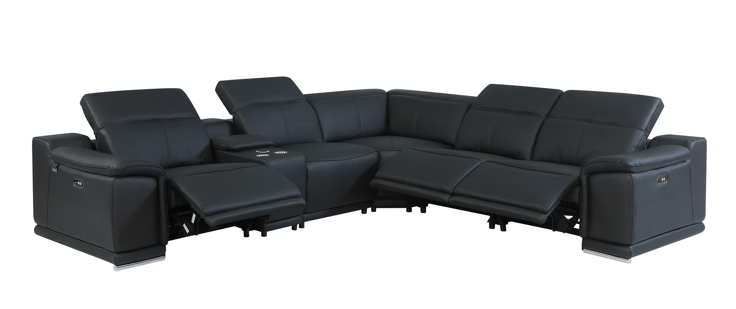 GUF 9762 3 Power Reclining 6pc Sectional with 1 Console - Black, Genuine Italian Leather
