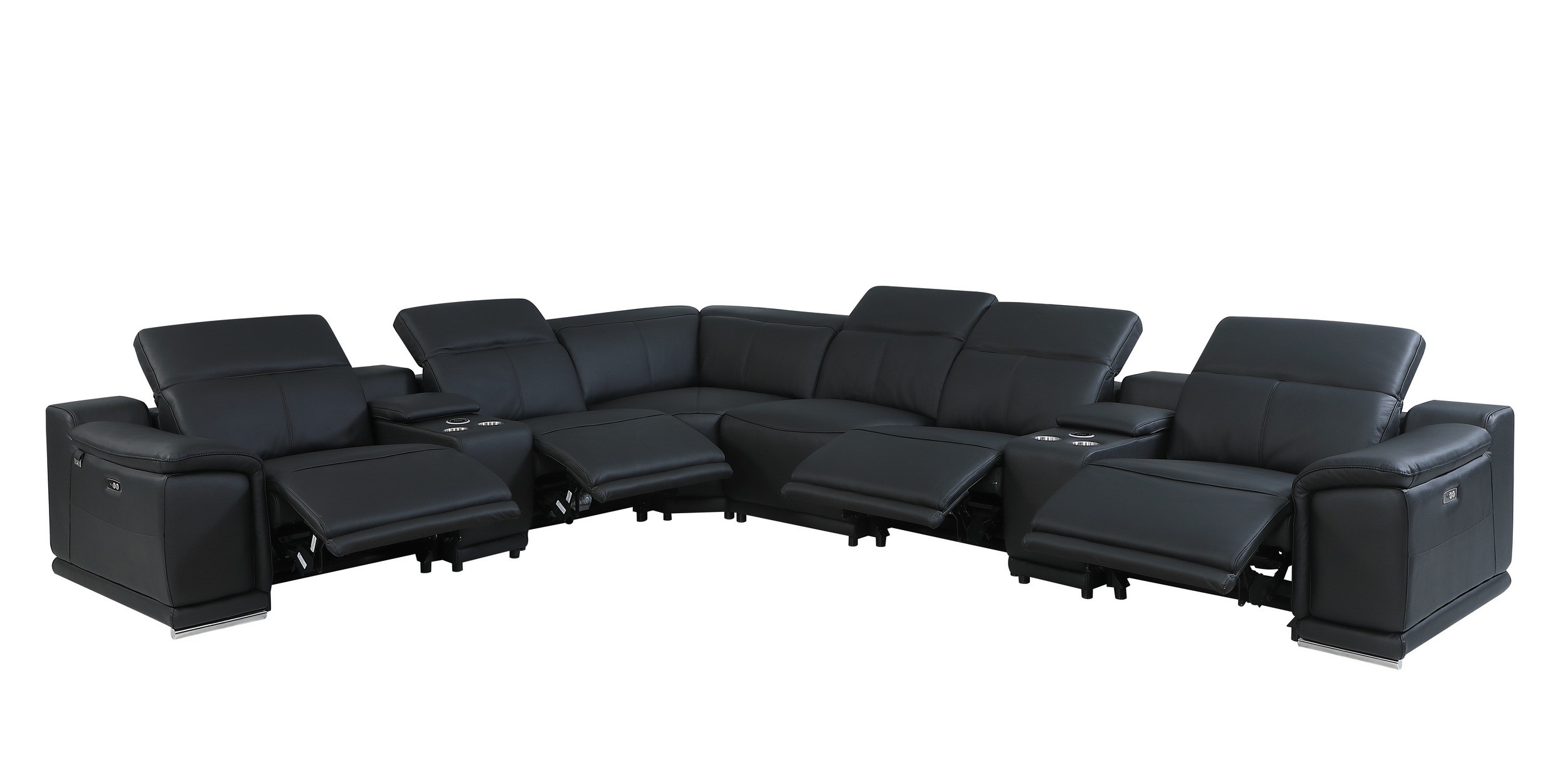 GUF 9762 4 Power Reclining 8pc Sectional with 2 Consoles - Black, Genuine Italian Leather