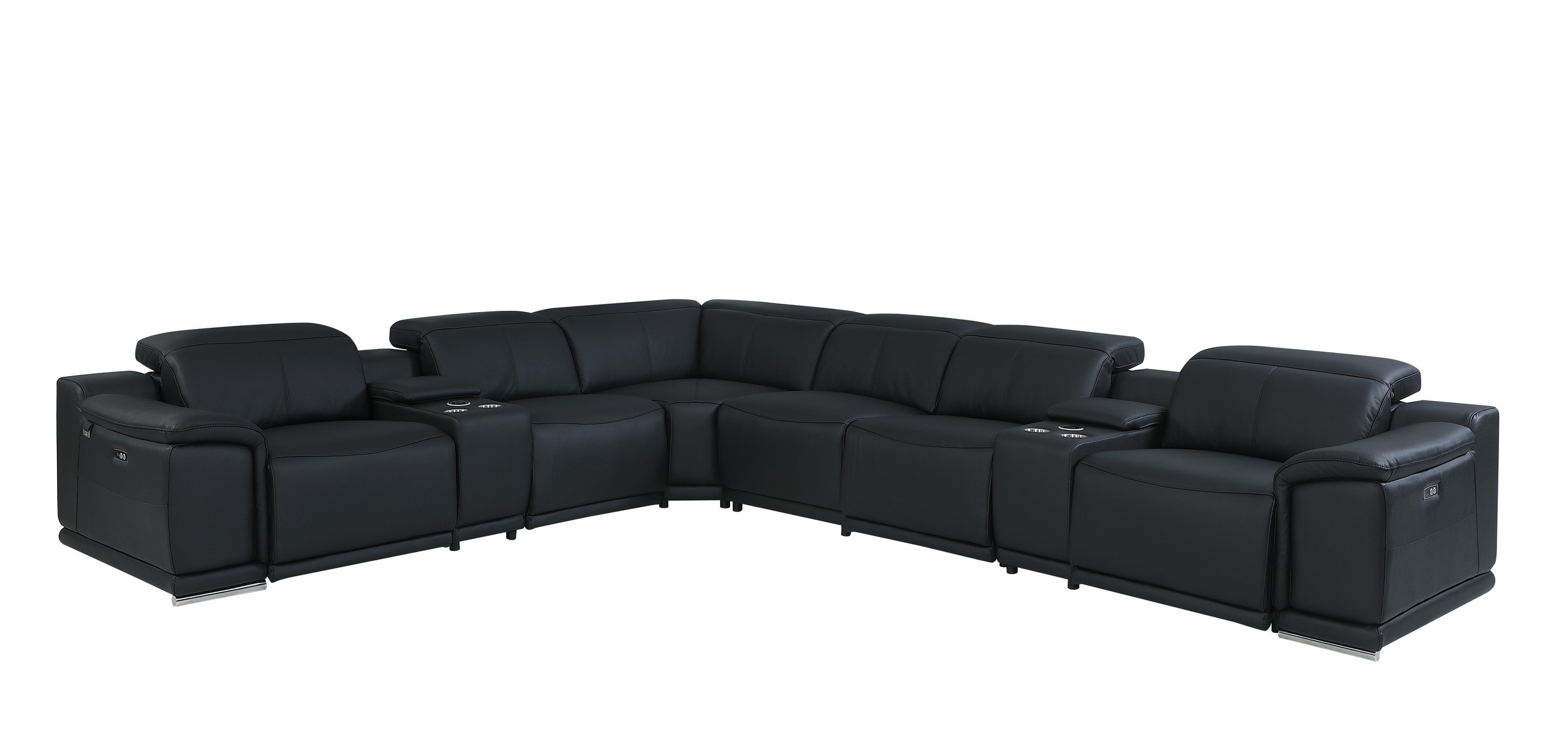 GUF 9762 3 Power Reclining 8pc Sectional with 2 Consoles - Black, Genuine Italian Leather