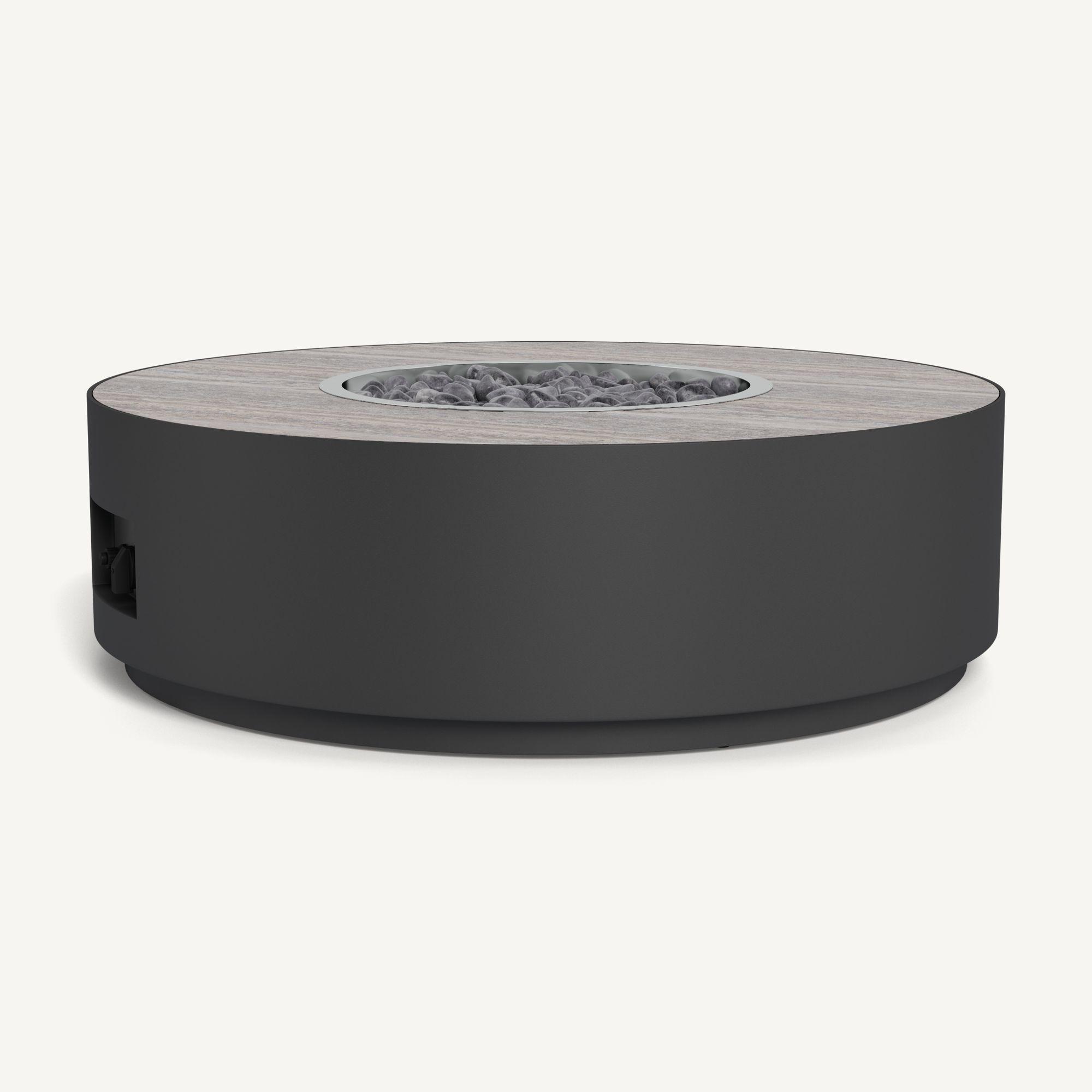 Harbour Antigua Round Fire Table - Aluminum Asteroid, Travertine Dark Gray