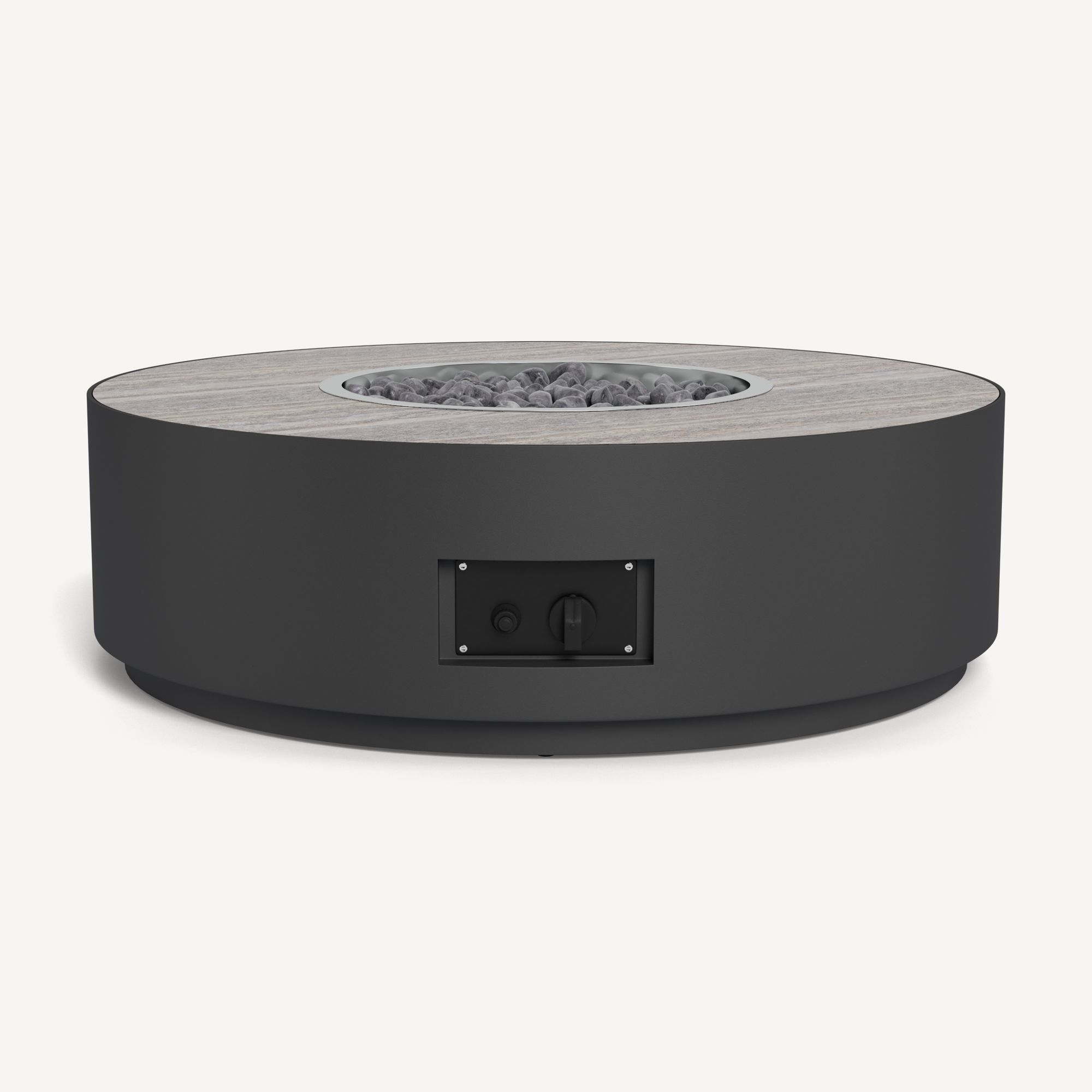 Harbour Antigua Round Fire Table - Aluminum Asteroid / Travertine Dark Gray