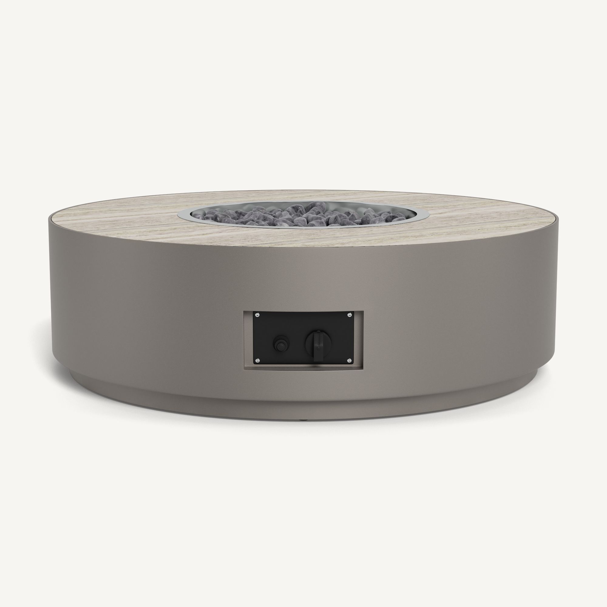 Harbour Antigua Round Fire Table - Aluminum Taupe / Travertine Silver