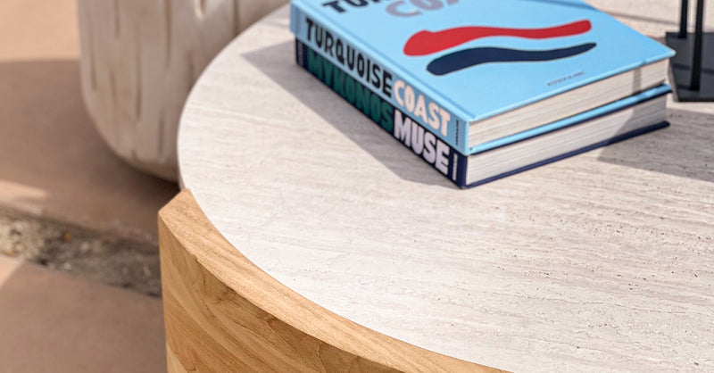 Harbour Catalina Round Coffee Table in Teak Natural / Travertine Cream