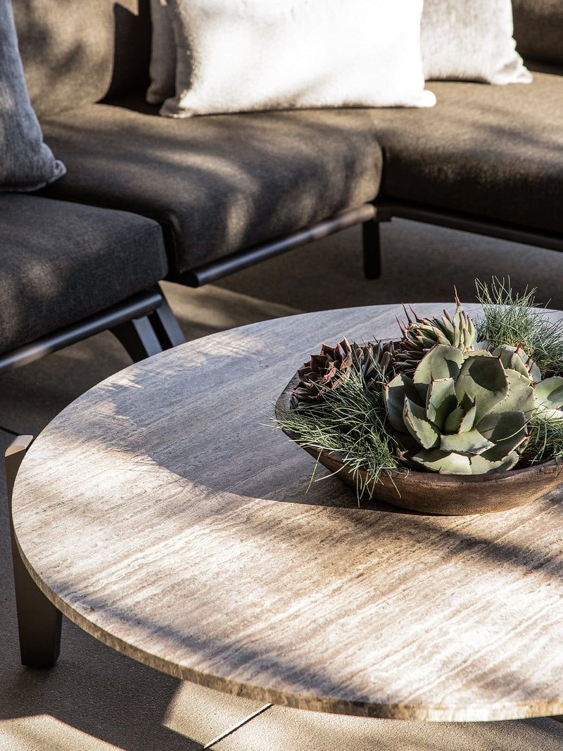 Harbour Mlb Aluminum Round Coffee Table in Aluminum Asteroid / Travertine Dark Gray