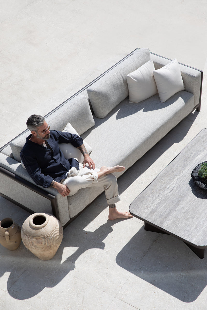 Harbour Moab Round Side Table - Aluminum Bronze / Travertine Dark Gray