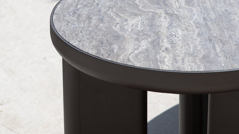 Harbour Moab Round Side Table - Aluminum Bronze / Travertine Dark Gray