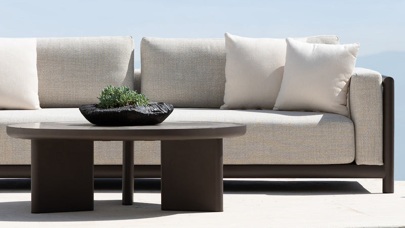 Harbour Moab Round Side Table - Aluminum Bronze / Travertine Dark Gray