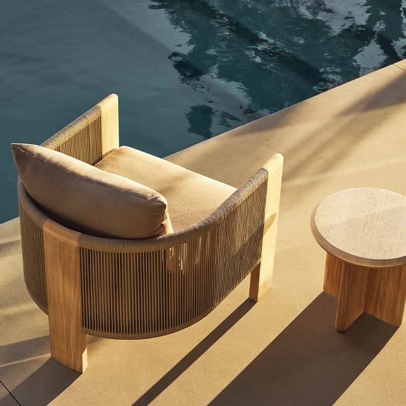 Harbour Palm Beach Teak Round Coffee Table in Teak Natural / Travertine Cream