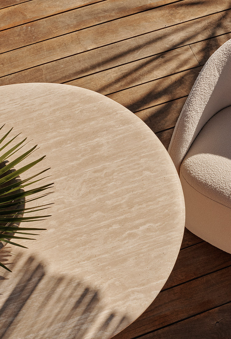 Harbour Porto Aluminum Round Coffee Table 48" - Aluminum Asteroid / Travertine Dark Gray