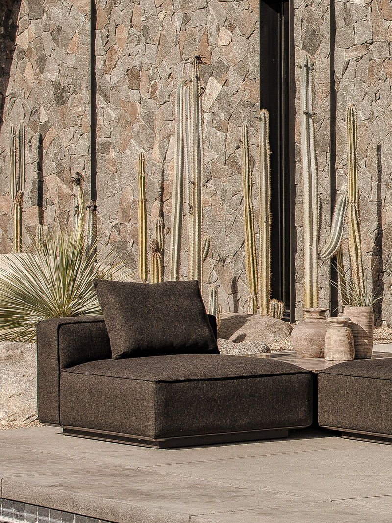 Harbour Santorini Outdoor Stone Square Side Table in Aluminum Asteroid / Travertine Dark Gray