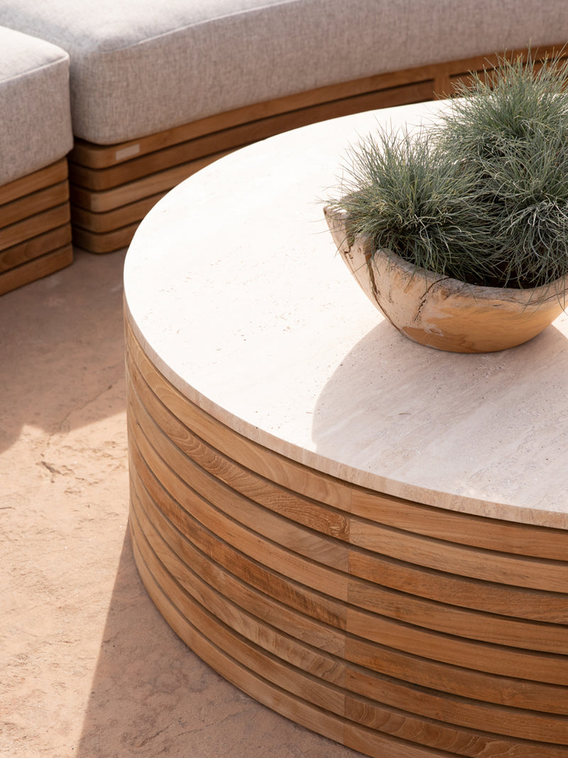 Harbour Tahiti Round Coffee Table in Teak Natural / Travertine Cream