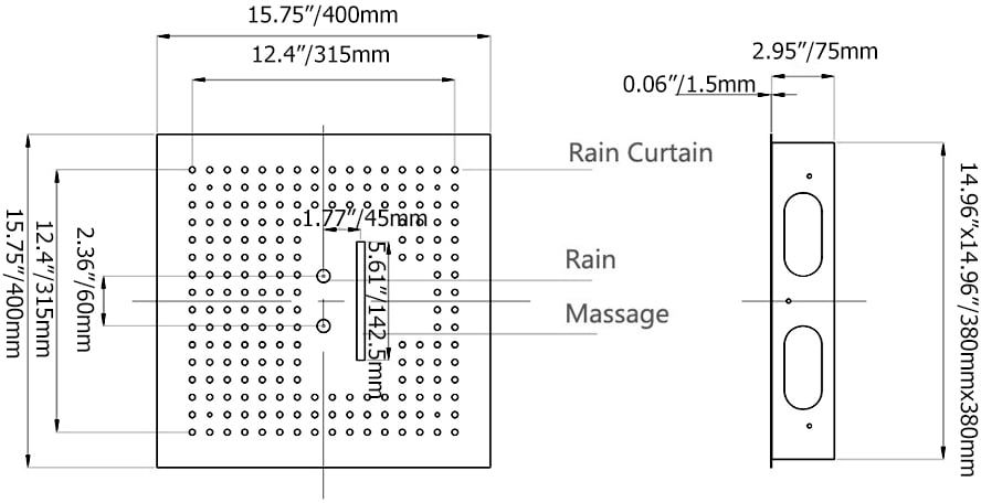 HMR - 16" Square Ceiling Showerheads 3 Function 304 Stainless Steel Bathroom LED Shower Head