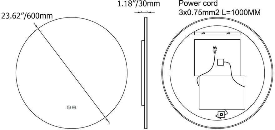 HMR - 24" Frameless Round LED Bathroom Vanity Mirror Acrylic Anti-Fog Wall Mirror