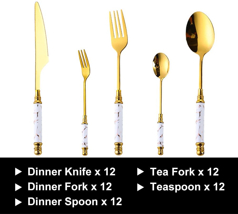 HMR - 60 Pieces Stainless Steel Flatware Set with Ceramic Coated Handle, Service for 12