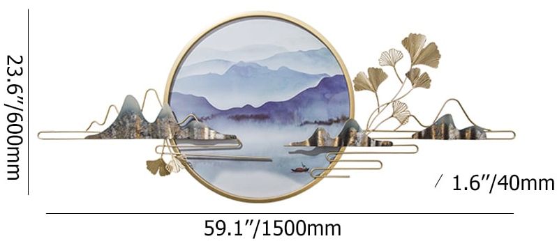 HMR - Modern Ginkgo Leaves Metal Wall Decor Gold & Blue with Landscape Patterns Living Room