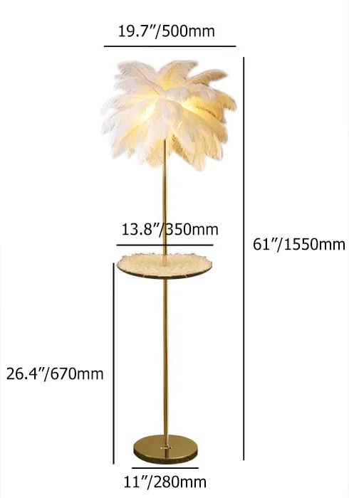 HMR Loftus Art Deco Rose Gold Floor Lamp with Feather Shade Tree Standing Lamp - White, With Shelf