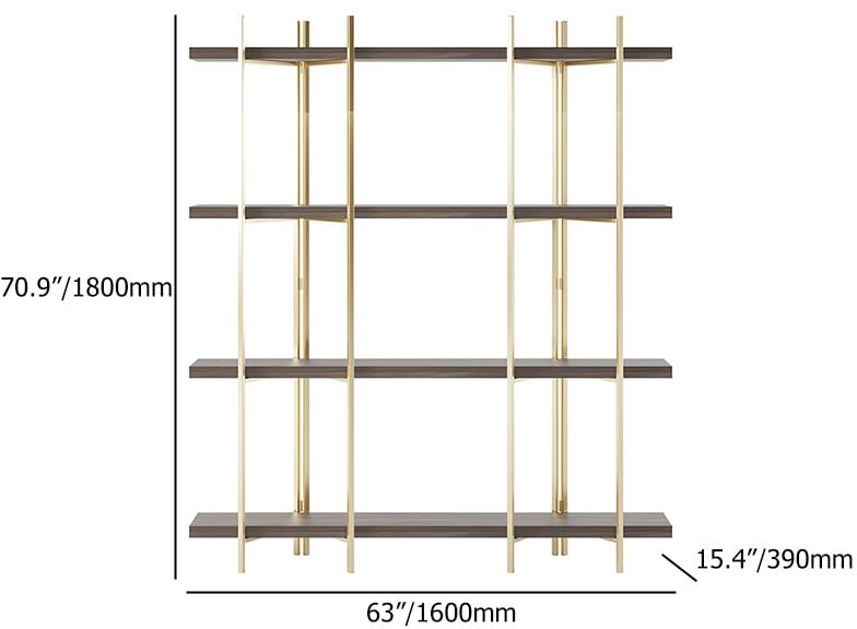 HMR - Modern 70.9" Standing Etagere Bookshelf with Open Storage in Walnut & Gold