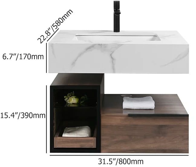 HMR Wall-Mounted Bathroom Vanity Faux Marble Top with 2 Shelves & 1 Drawer - 32"