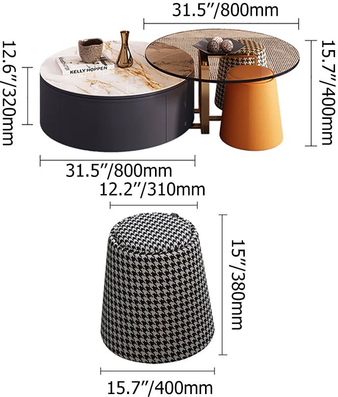 HMR - 4-Piece Round Swivel Coffee Table Set with 2 Ottomans