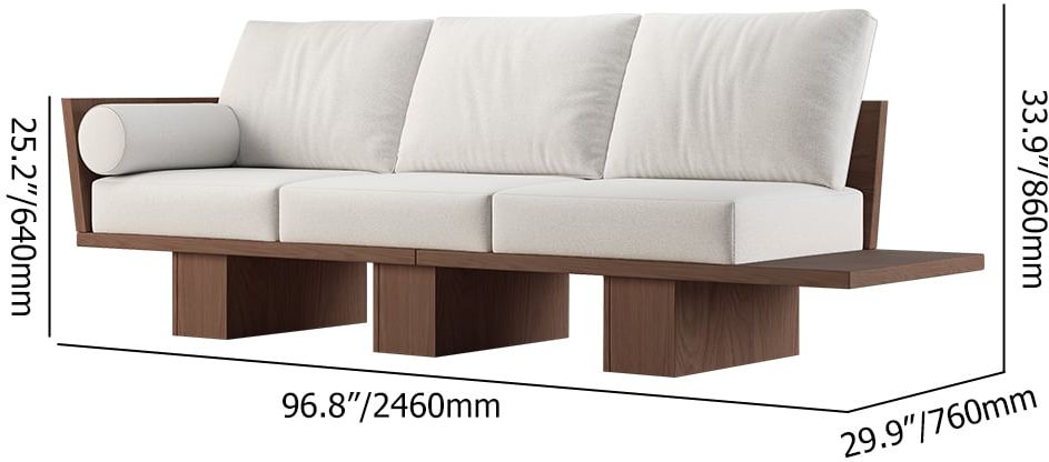 HMR - 97" Walnut Japandi Solid Wood Living Room Sofa 3-Seater Cotton & Linen Upholstery