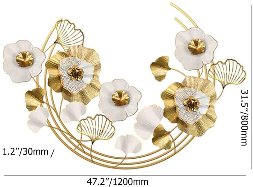 HMR - 47.2" Modern Metal Wall Decor Art with Gold & White Leaves & Flowers for Living Room
