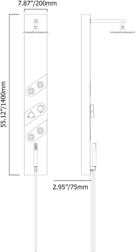 HMR - 55" Black Rainfall Shower Panel with Handheld Shower Adjustable Showerhead & Body Jets