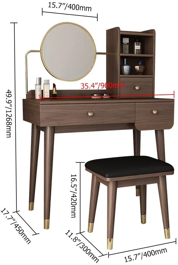 HMR - Ultic 2-Pieces Minimalist Makeup Vanity Set in Walnut with Mirror & Stool