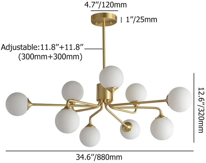 HMR - Modern Brass Sputnik Chandelier 9-Light with Glass Shade for Living Room