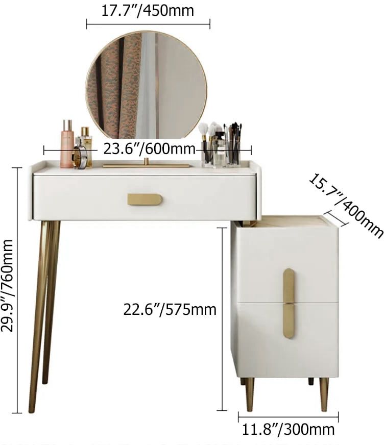 HMR - Inarrow Modern Off-white Makeup Vanity Table with Mirror & Side Table