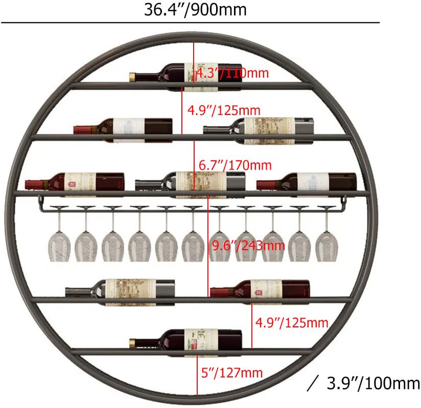 HMR - Modern Metal Black Round Wine Rack Wall Mounted Wine Rack Glass Rack