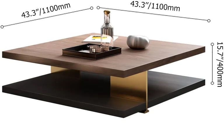 HMR - Industrial Black & Walnut Square Pedestal Coffee Table Solid Wood Accent Table