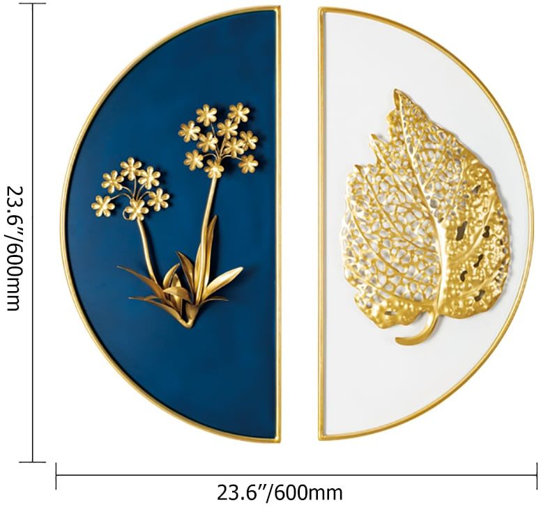 HMR 2-Pieces Glam Metal Bedroom Wall Decor Home Art with Semi-Circle Design - Blue & Gold
