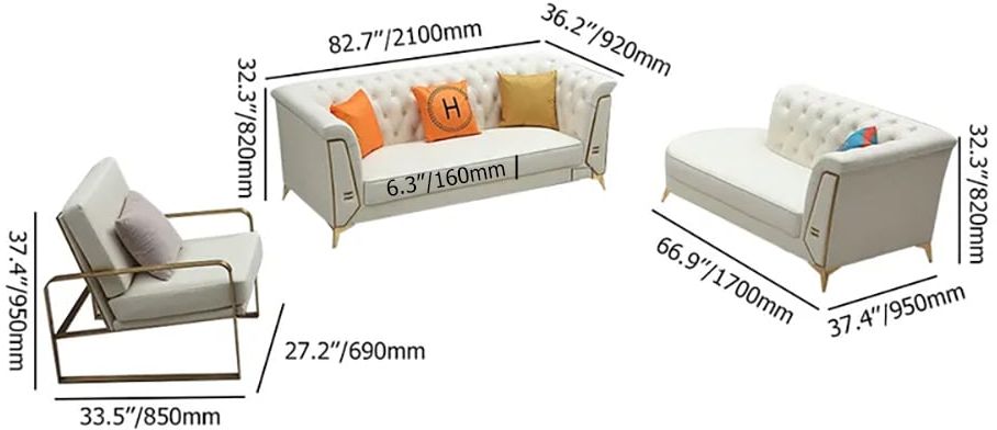 HMR - 3-Piece Modern Living Room Set Chesterfield Sofa with Chaise and Chair in Off-White